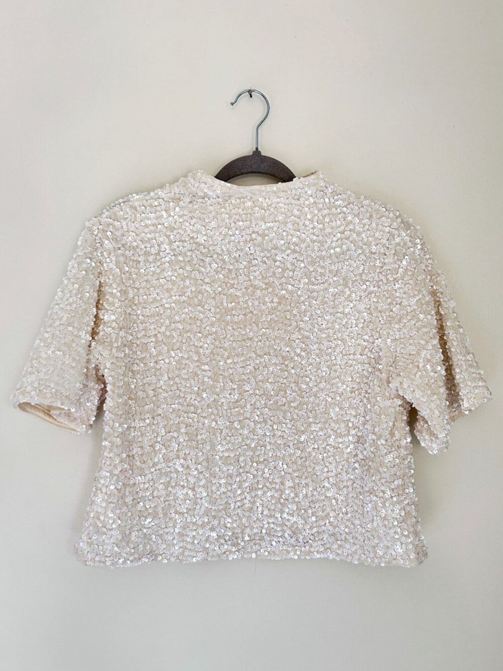 Ivory Sequin Mock Neck Short Sleeve Top Worn Once Perfect Condition MSRP $40